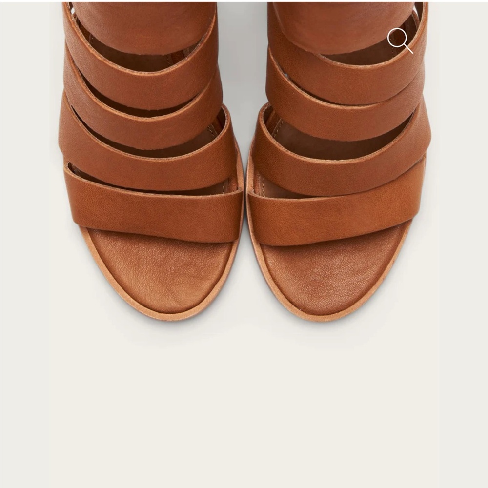 $338 Frye Tash Cognac Real Leather Cut Out Strappy Wood PeepToe Ankle Booties - Picture 5 of 13